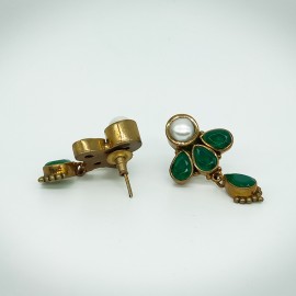 Precious Emerald Stone with White Pearl Brass Earrings / Jhumkis for Women and Girls